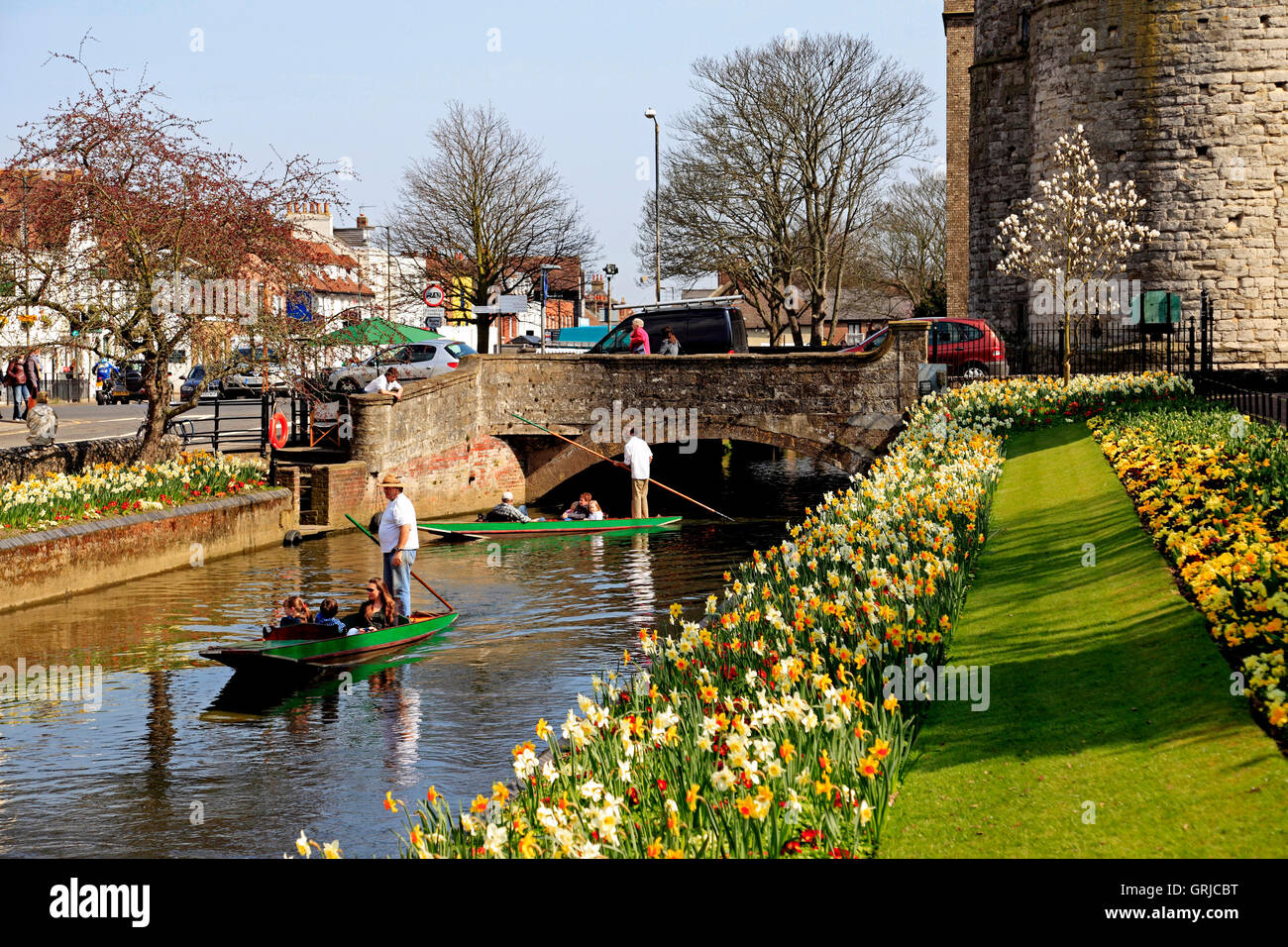 Stechkahn fahren am Fluss Stour, Canterbury, Kent, UK Stockfoto