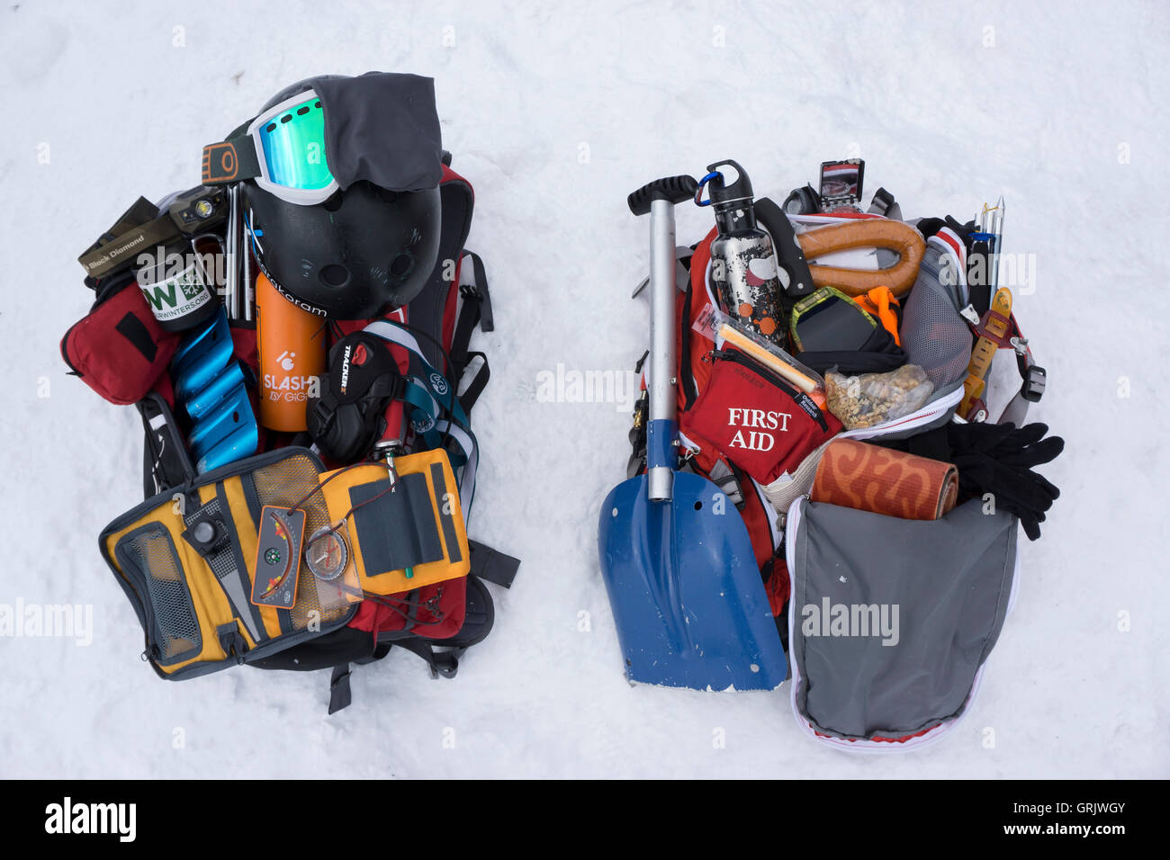 Backcountry Winterkleidung und Ausrüstung Stockfoto