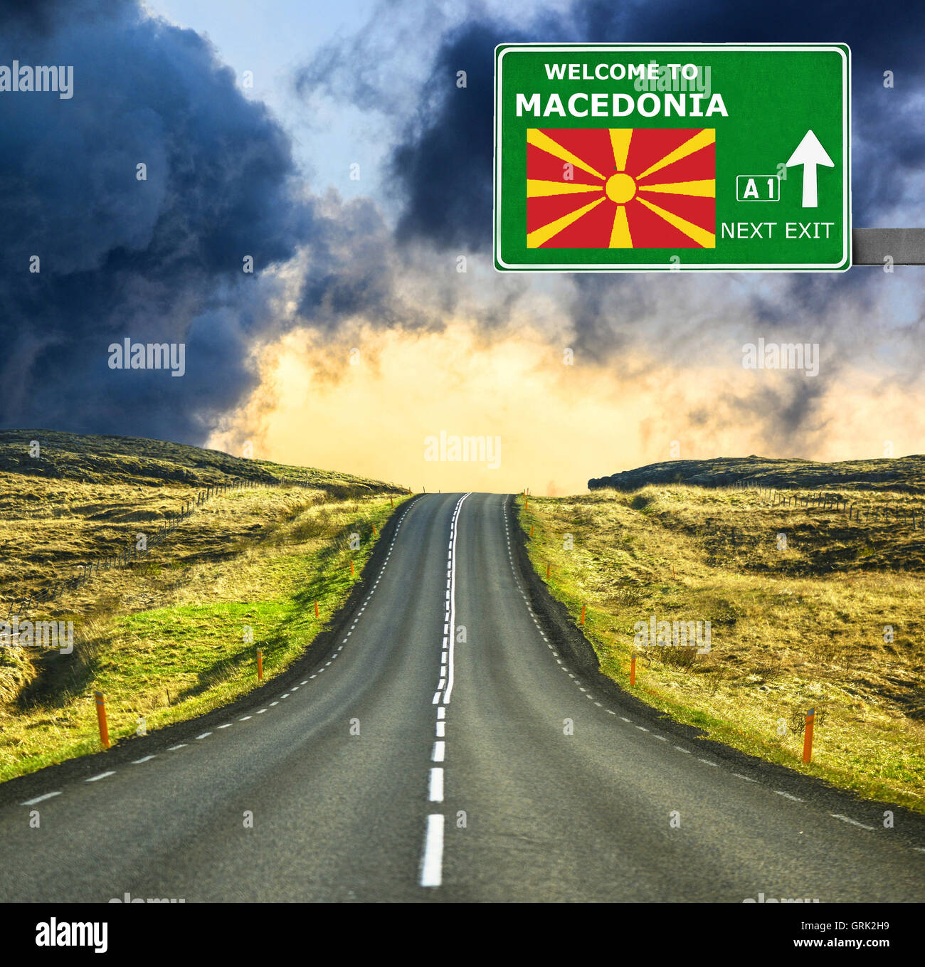 Mazedonien-Schild gegen klar blauen Himmel Stockfoto