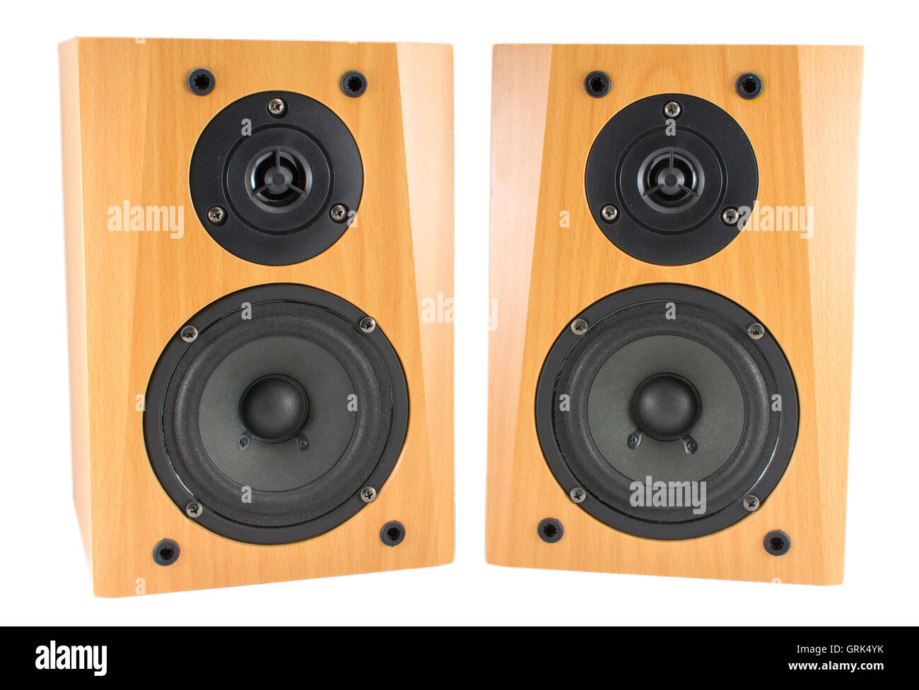 Hochwertige Holz Stereo-Lautsprecher auf weiß Stockfoto