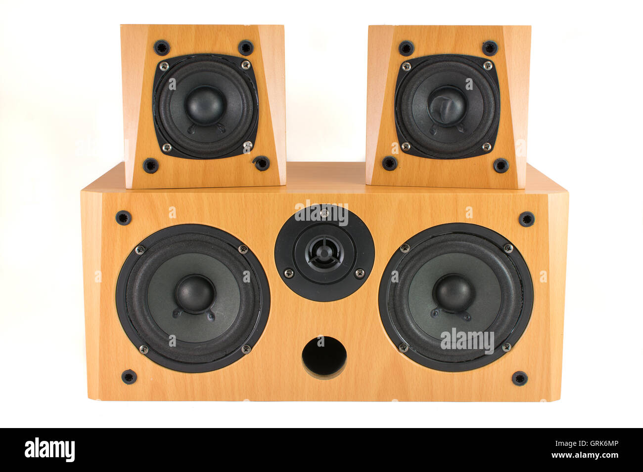 Hochwertige Holz Stereo-Lautsprecher auf weiß Stockfoto