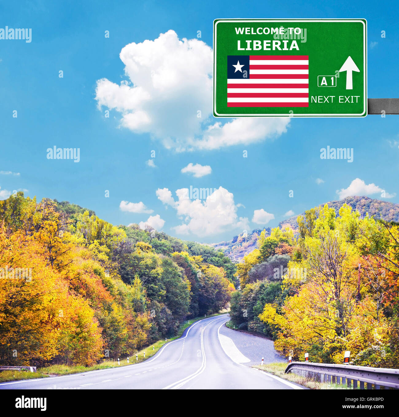 Liberia-Schild gegen klar blauen Himmel Stockfoto
