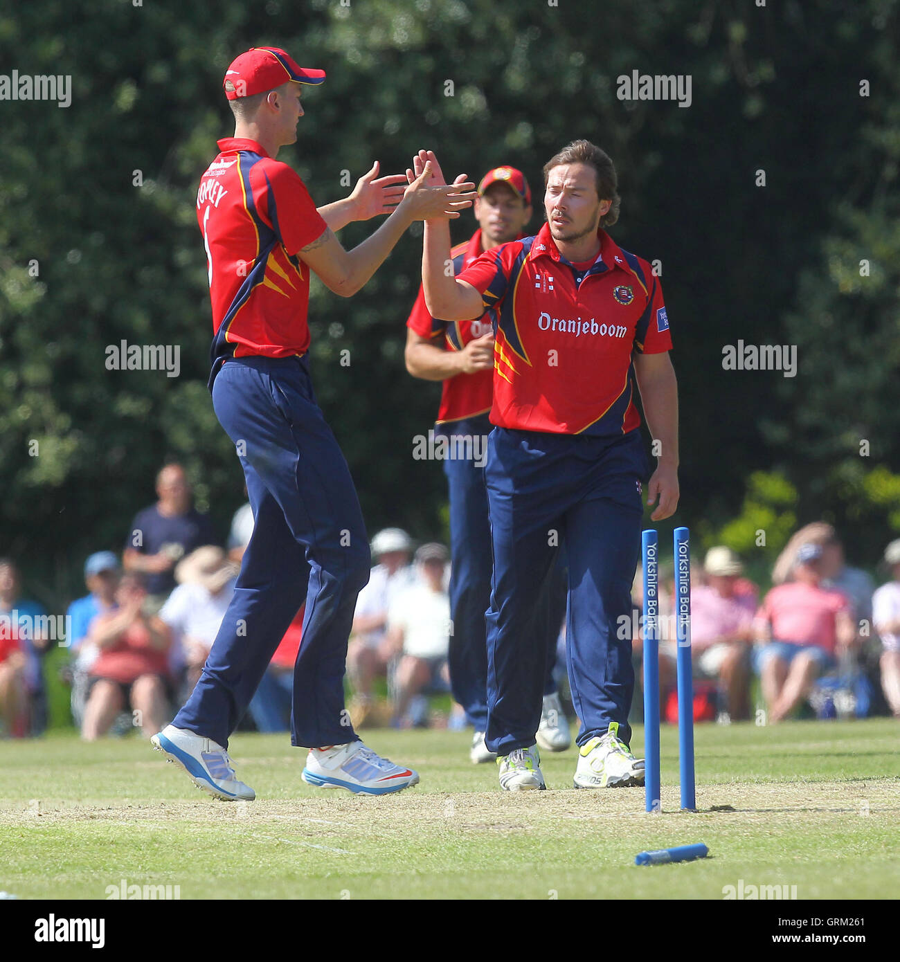 Graham Napier von Essex (R) feiert das Wicket von Richard Johnson - Derbyshire Falken Vs Essex Eagles - Yorkshire Bank YB40 Cricket am Highfield, Lauch-Kricket-Verein - 06.09.13 Stockfoto