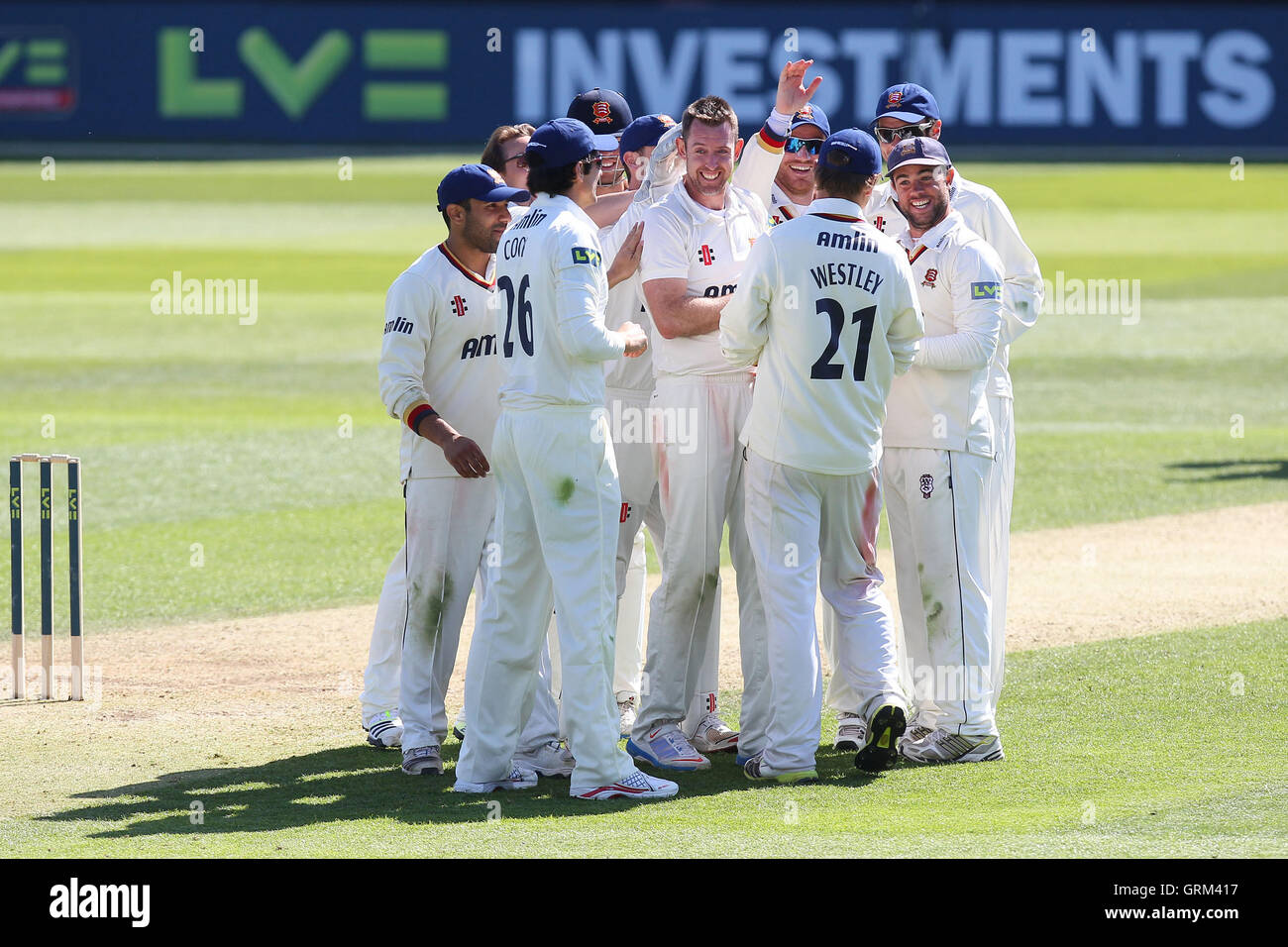 David Masters of Essex feiert das Wicket des Ex-Essex Spieler Adam Wheater - Essex CCC Vs Hampshire CCC - LV County Championship Division zwei Cricket im Essex County Ground, Chelmsford - 05.01.13 Stockfoto