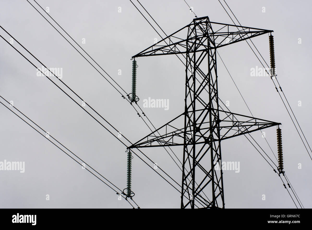 Strom-Pylon vor einem grauen Himmel Stockfoto
