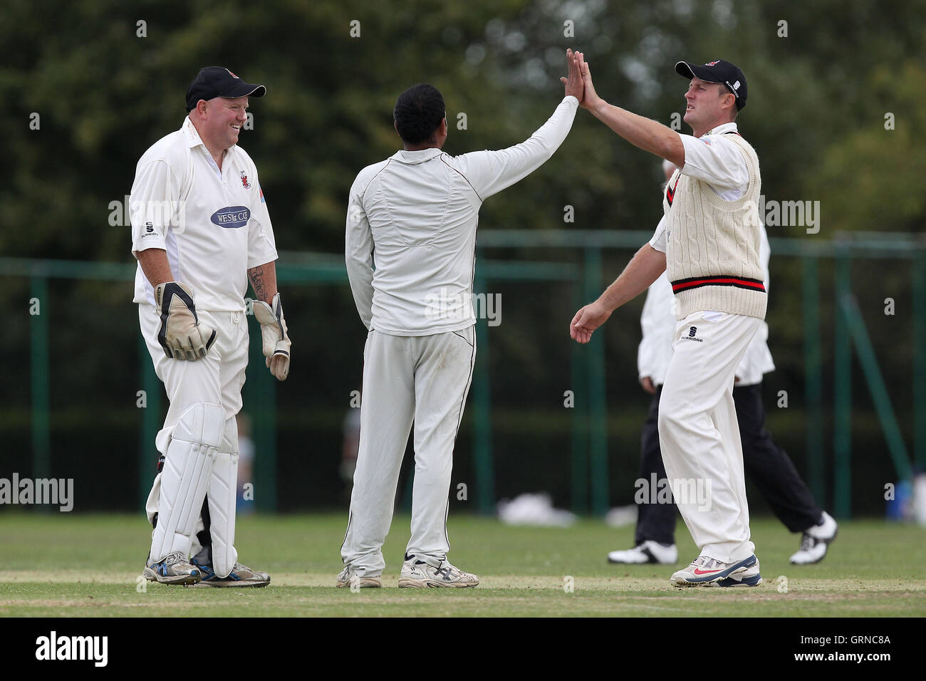 Unterstützt behaupten das neunte Horndon Wicket - Horndon-on-the-Hill CC Vs unterstützt CC - Essex Cricket Liga - 23.08.14 Stockfoto