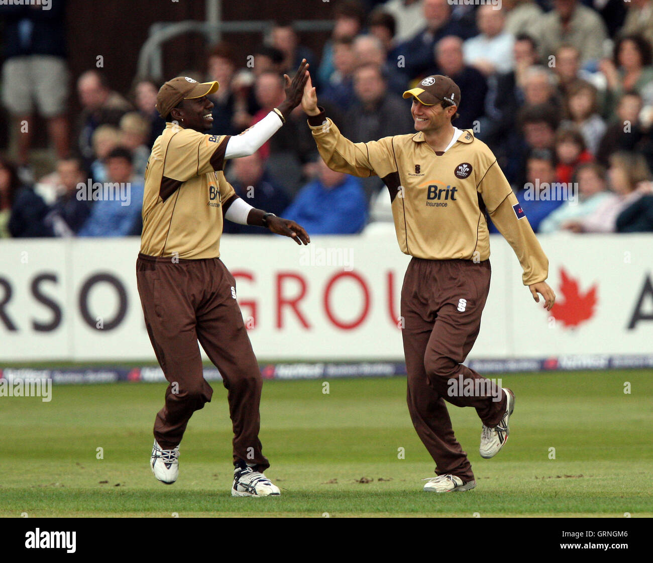 Chris Murtagh (rechts) nimmt einen guten Fang, James Foster von Essex entlassen und feiert - Essex Adler Vs Surrey braunen Kappen - NatWest Pro 40 Cricket an Ford County Ground, Chelmsford, Essex - 08.05.08 Stockfoto