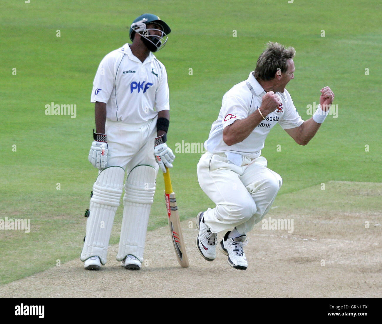 Bilal Shafayat (links) sieht enttäuscht wie Essex Bowler Andy Bichel das Wicket seines schlagenden Partner Jason Gallian - Essex CCC Vs Nottinghamshire CCC - LV County Championship auf dem Ford County Ground, Chelmsford - 07.09.07 feiert Stockfoto