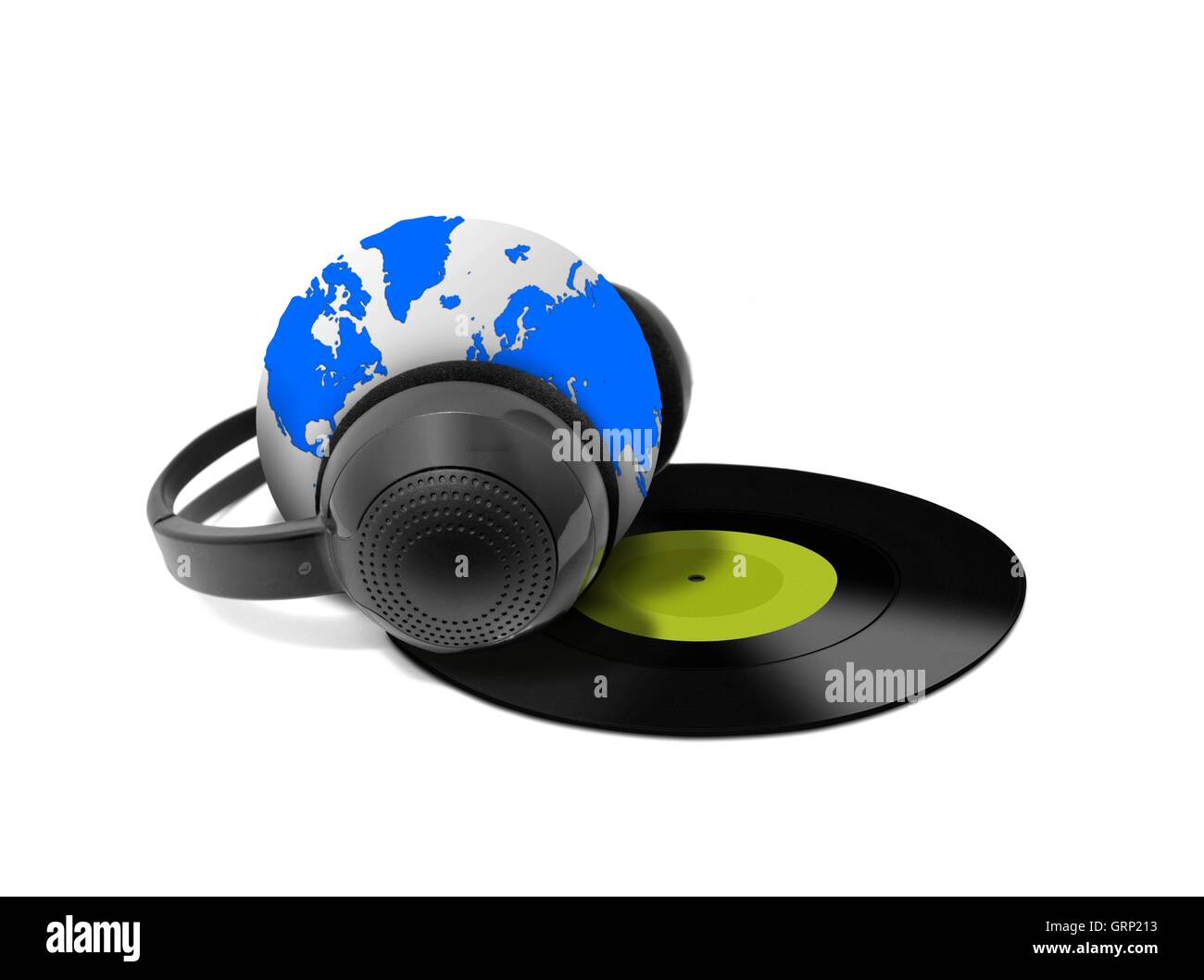 Kopfhörer und Globus mit Vinyl-Schallplatte Stockfoto