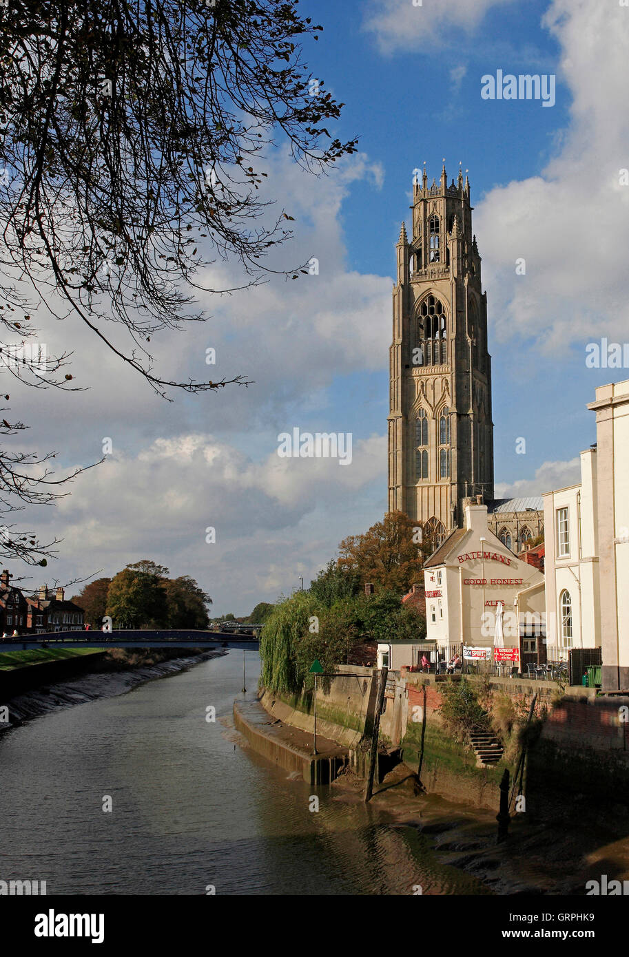 Die Boston Stump (St Botolphs) & Fluss Witham, Boston, Lincolnshire. Stockfoto