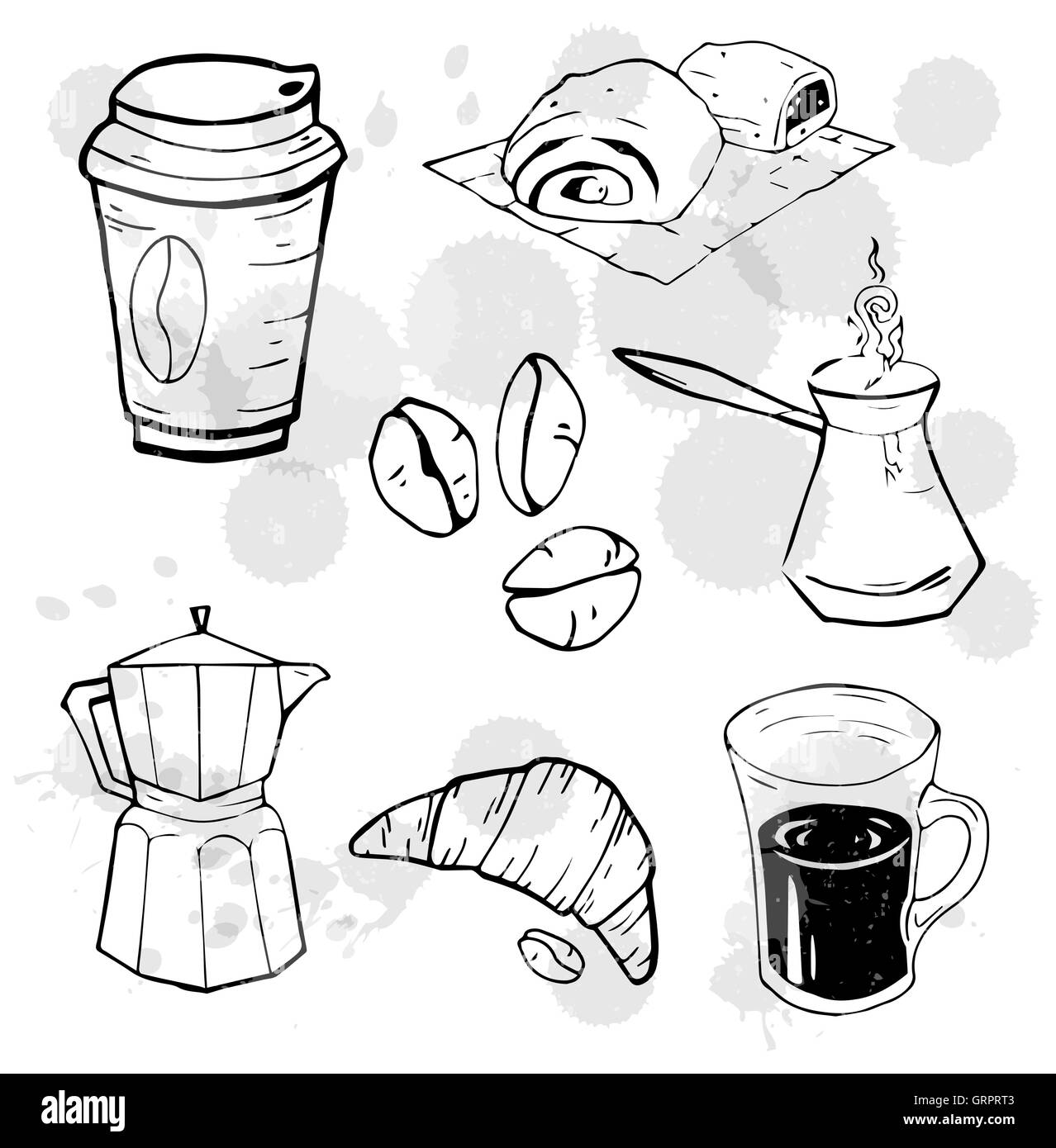 Kaffee, Tasse, Kaffee-Bohnen zu gehen. Langstieligen Kaffeemaschine. Gebäck. Doodle Elemente gesetzt. Design-Konzept. Vektor-Illustration. Stock Vektor