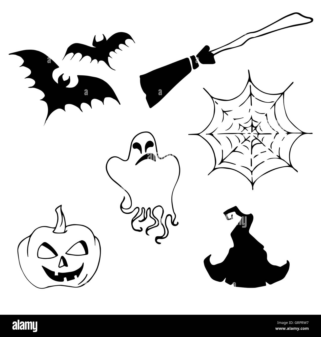 Halloween-Set, Symbole gezeichnete Halloween Kürbis, Besen, Fledermaus, Spinnweben, Doodle-Stil. Isolated on White Background. Vektor-Illustration Stock Vektor
