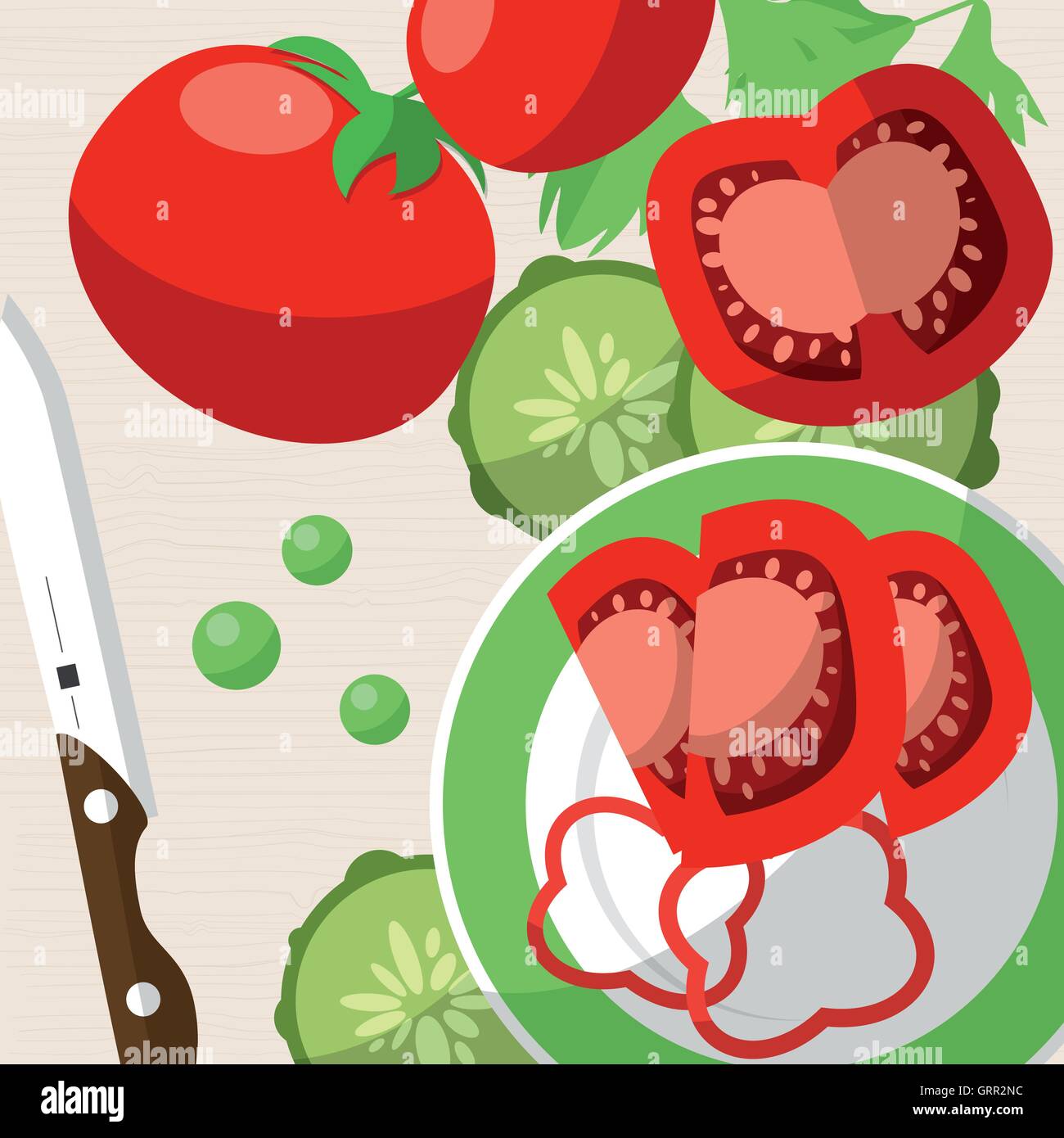 Stillleben mit Tomaten, Messer, Teller und geschnittene Gemüse auf den Tisch. Vektor Stock Vektor