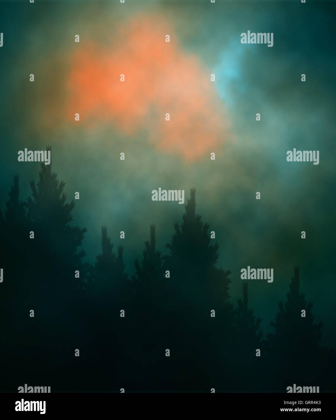 Editierbare Vektor-Illustration von einem bewölkten Abendhimmel über einen Nadelwald mit Farbverlauf Netze erstellt Stock Vektor
