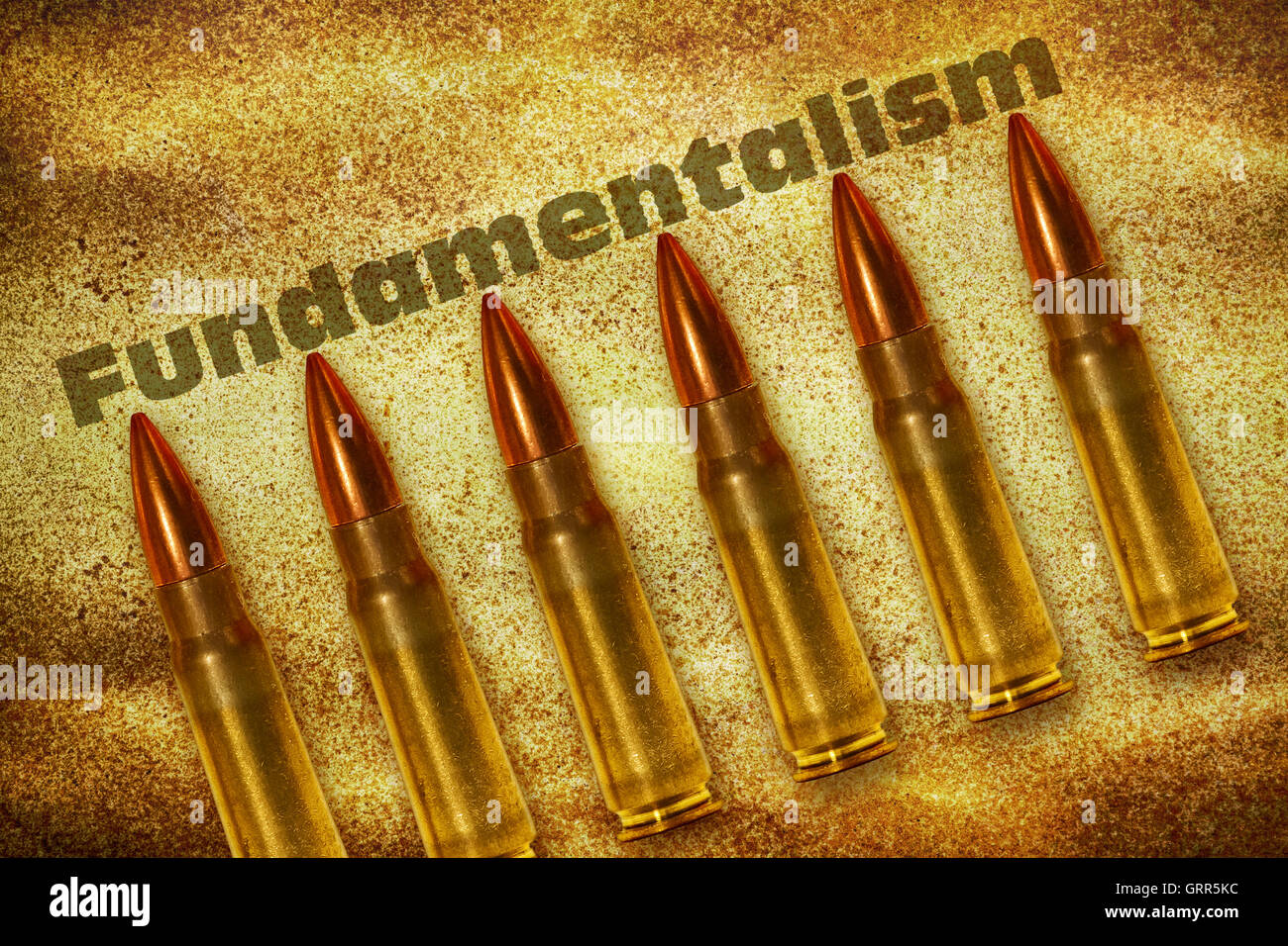 Sechs Kugeln und das Wort Fundamentalismus auf Grunge Hintergrund Stockfoto