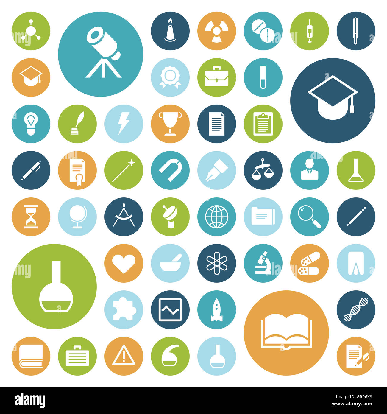 Flache Design-Ikonen für Bildung, Wissenschaft und Medizin. Stockfoto