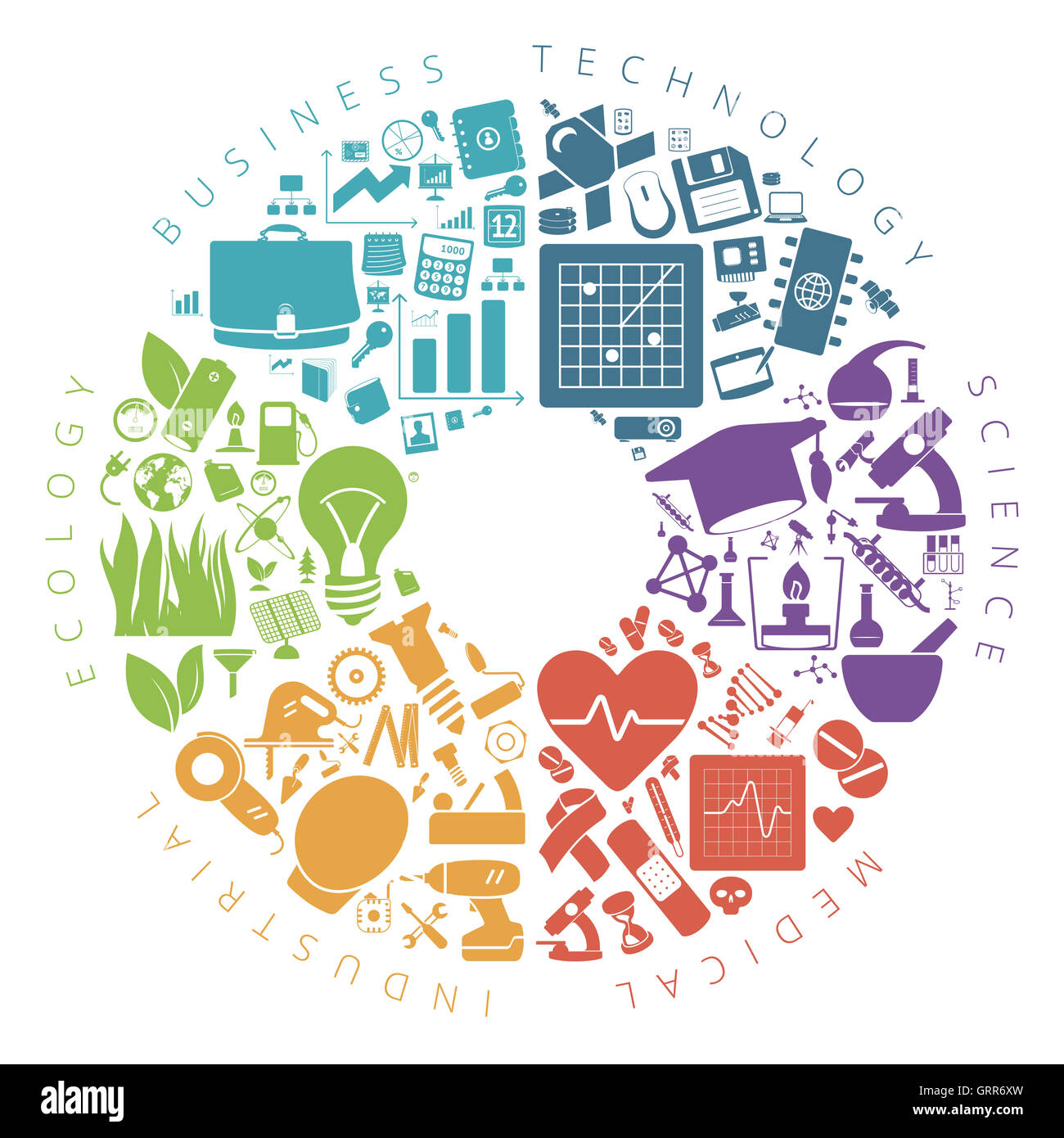 Wirtschaft, Technologie und Wissenschaft Icons Infografik Kreisdiagramm. Stockfoto