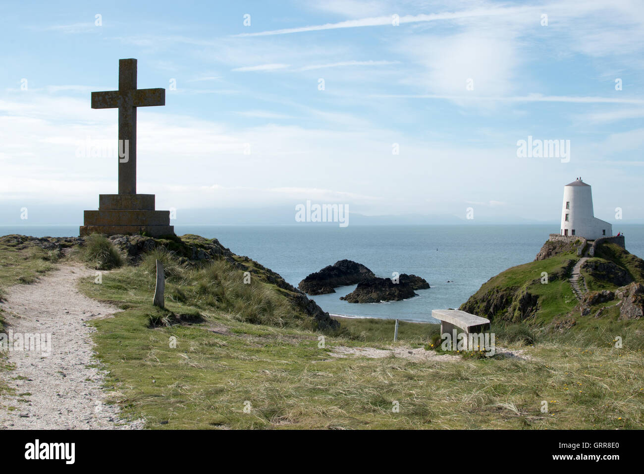 Tŵr Mawr Leuchtturm und Kreuz am Llanddwyn.island Anglesey North Wales Stockfoto