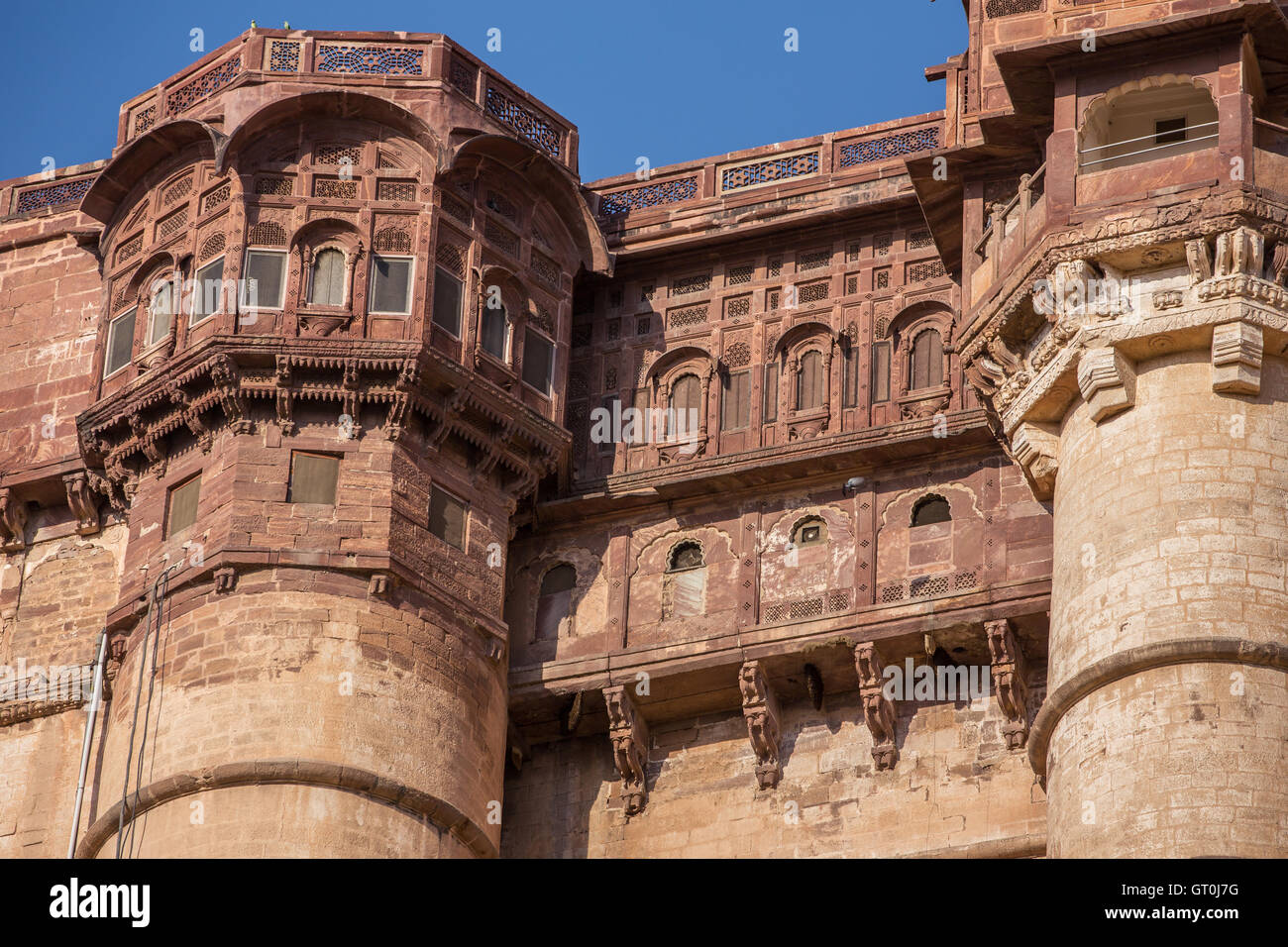 Mehrangarh Fort Nahaufnahme in Jodhpur, Rajasthan, Indien Stockfoto
