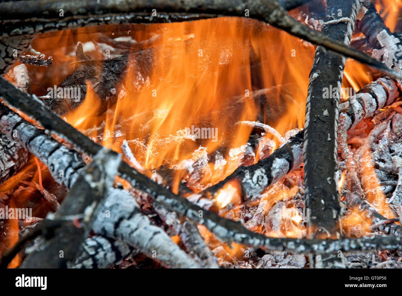 Nahaufnahme Foto von Lagerfeuer im Freien. Glühende Asche eines Lagerfeuers. Stockfoto