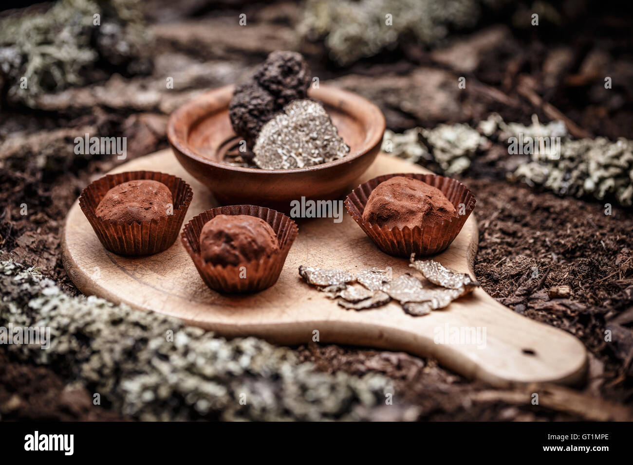 Gourmet-Schokolade Trüffel auf Holzbrett Stockfoto