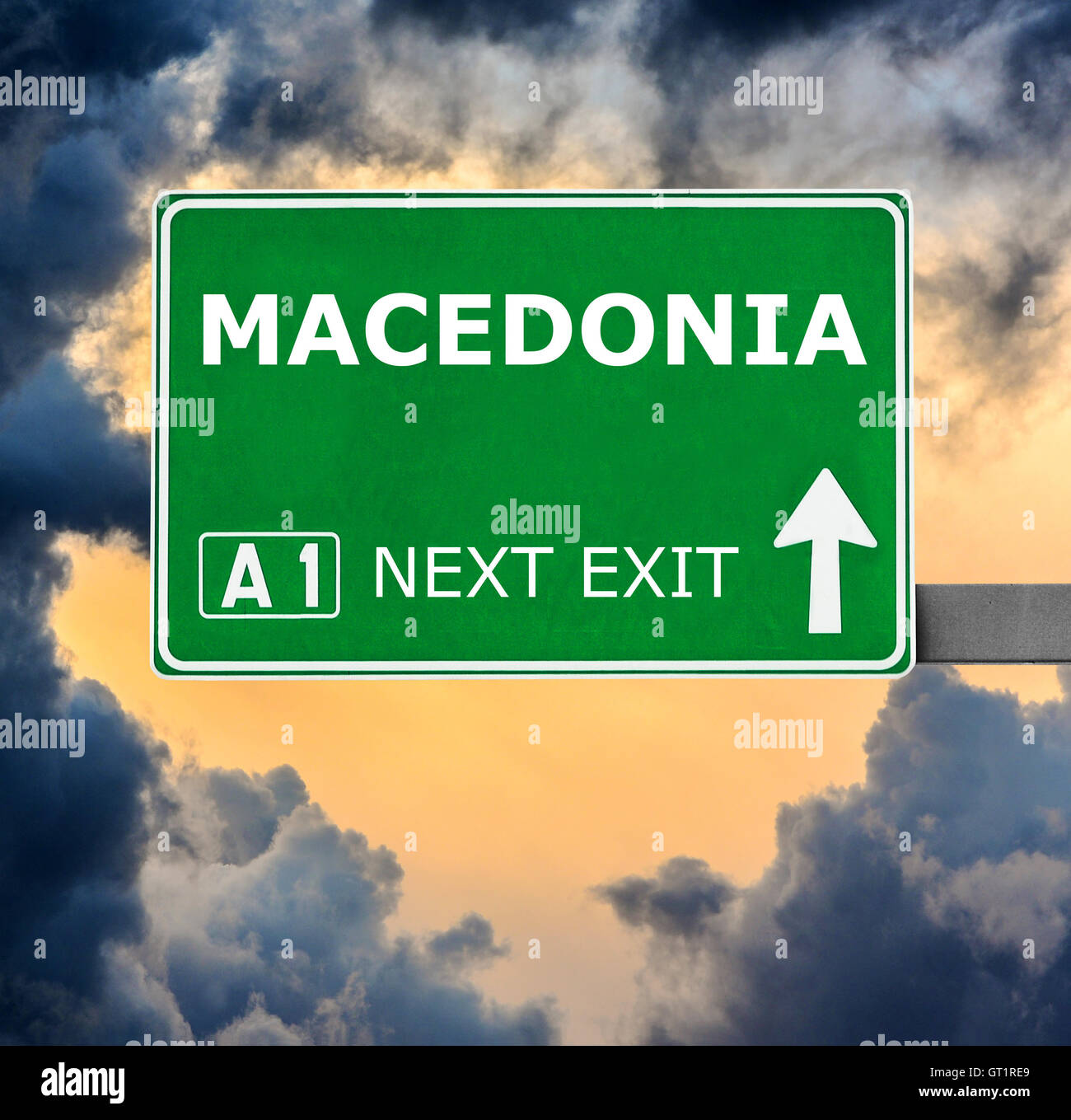 Mazedonien-Schild gegen klar blauen Himmel Stockfoto