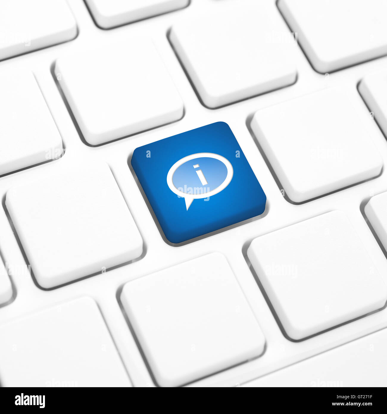 Info oder Informationen Konzept, blaue Taste oder Taste auf weiße Tastatur Stockfoto