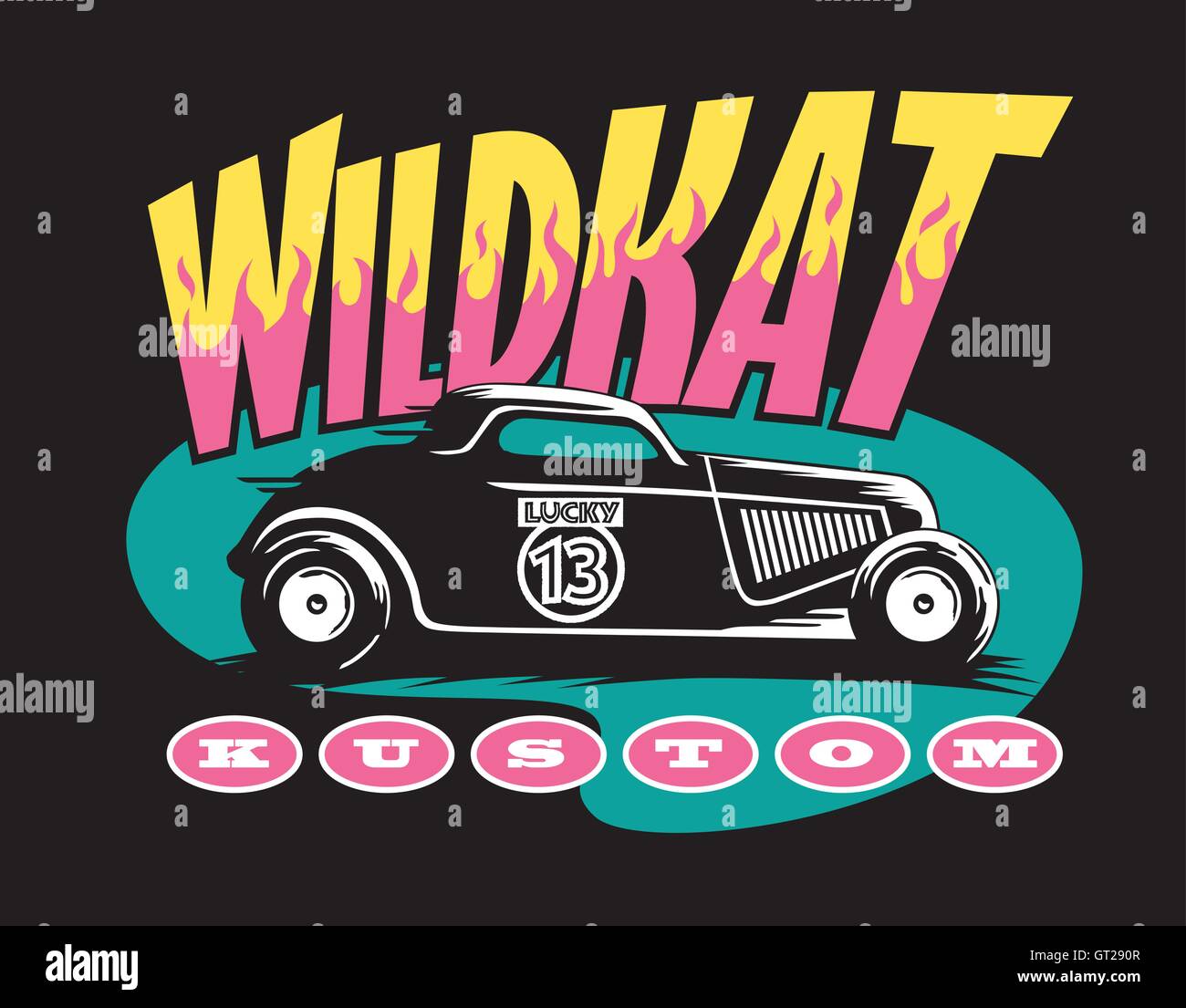 Wildkat Kustom Hot Rod Design. Cooles Retro-Logo mit Oldschool custom Auto und Schriftzug mit Flammen. Stock Vektor