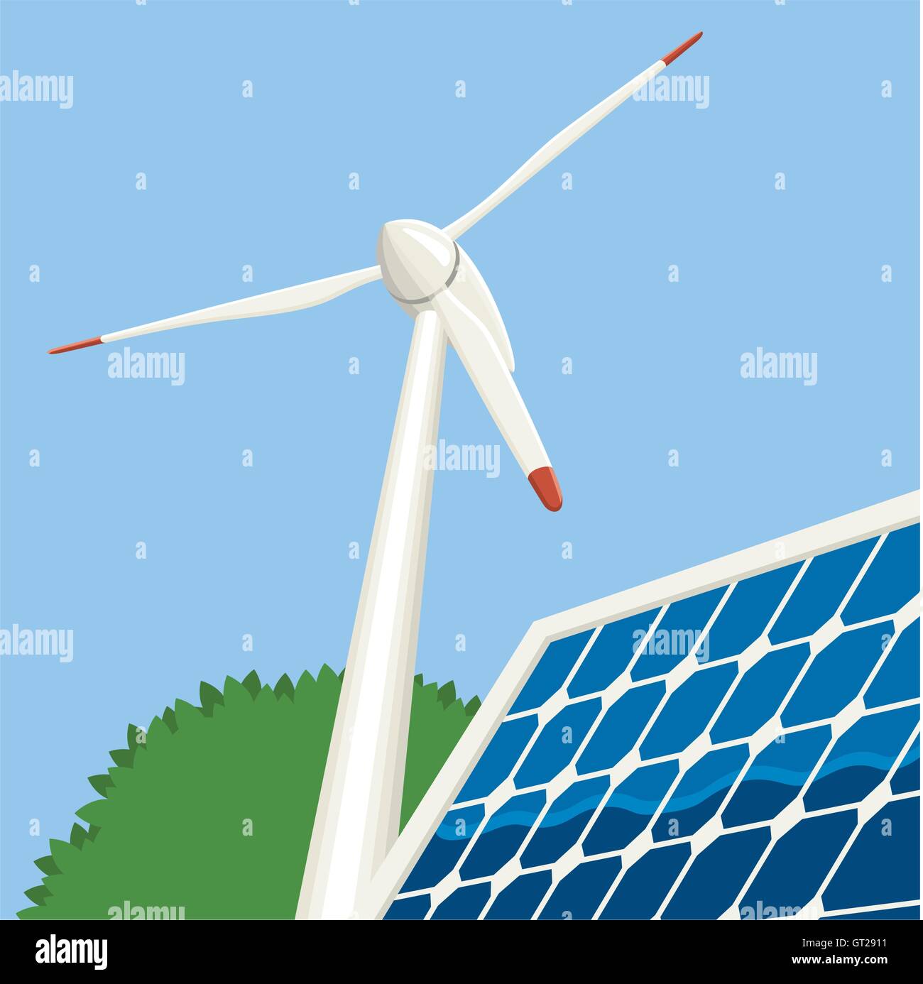 Wind- und Solarenergie-Vektor-Design. Darstellung, die Sonnenkollektoren und ein Windrad. Stock Vektor