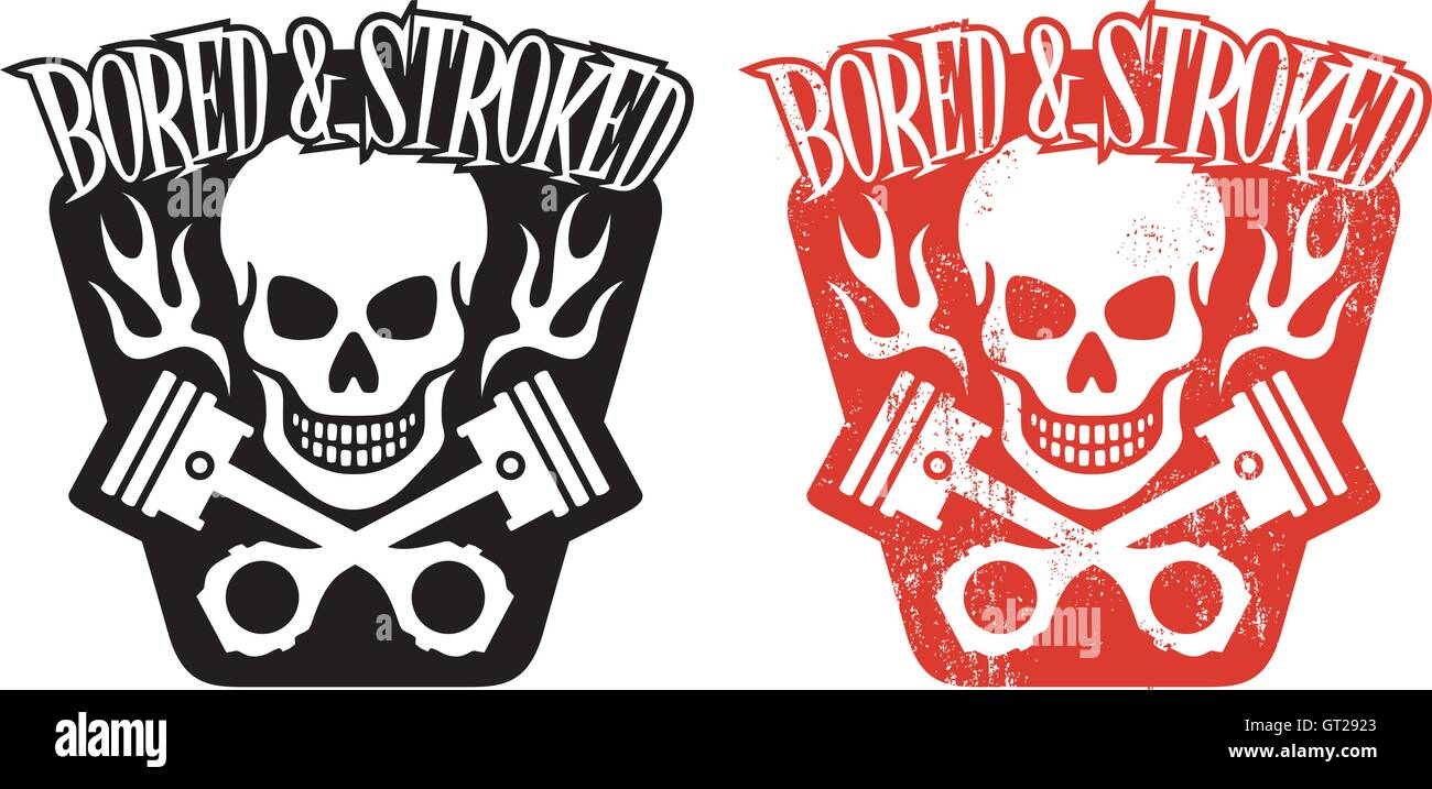 Schädel und Kolben Vektor-Logo Design mit Flammen und den Worten gelangweilt und Strichbild. Schließt sauber und Grunge-Versionen. Stock Vektor