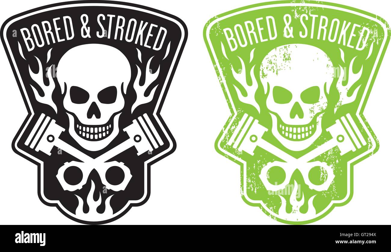 Schädel und Kolben Vektor-Logo Design mit Flammen und den Worten gelangweilt und Strichbild. Schließt sauber und Grunge-Versionen. Stock Vektor