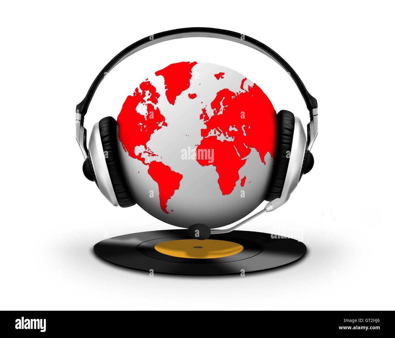 Kopfhörer und Globus mit Vinyl-Schallplatte Stockfoto