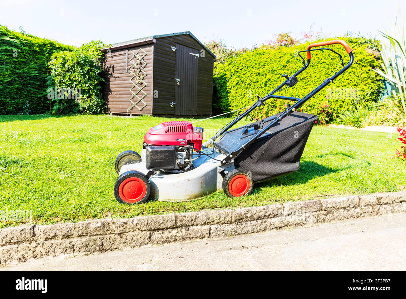 Rasenmäher Rasen schneiden Maschine Rasen Kutter Gartenbau Gärtner tool UK England GB Stockfoto