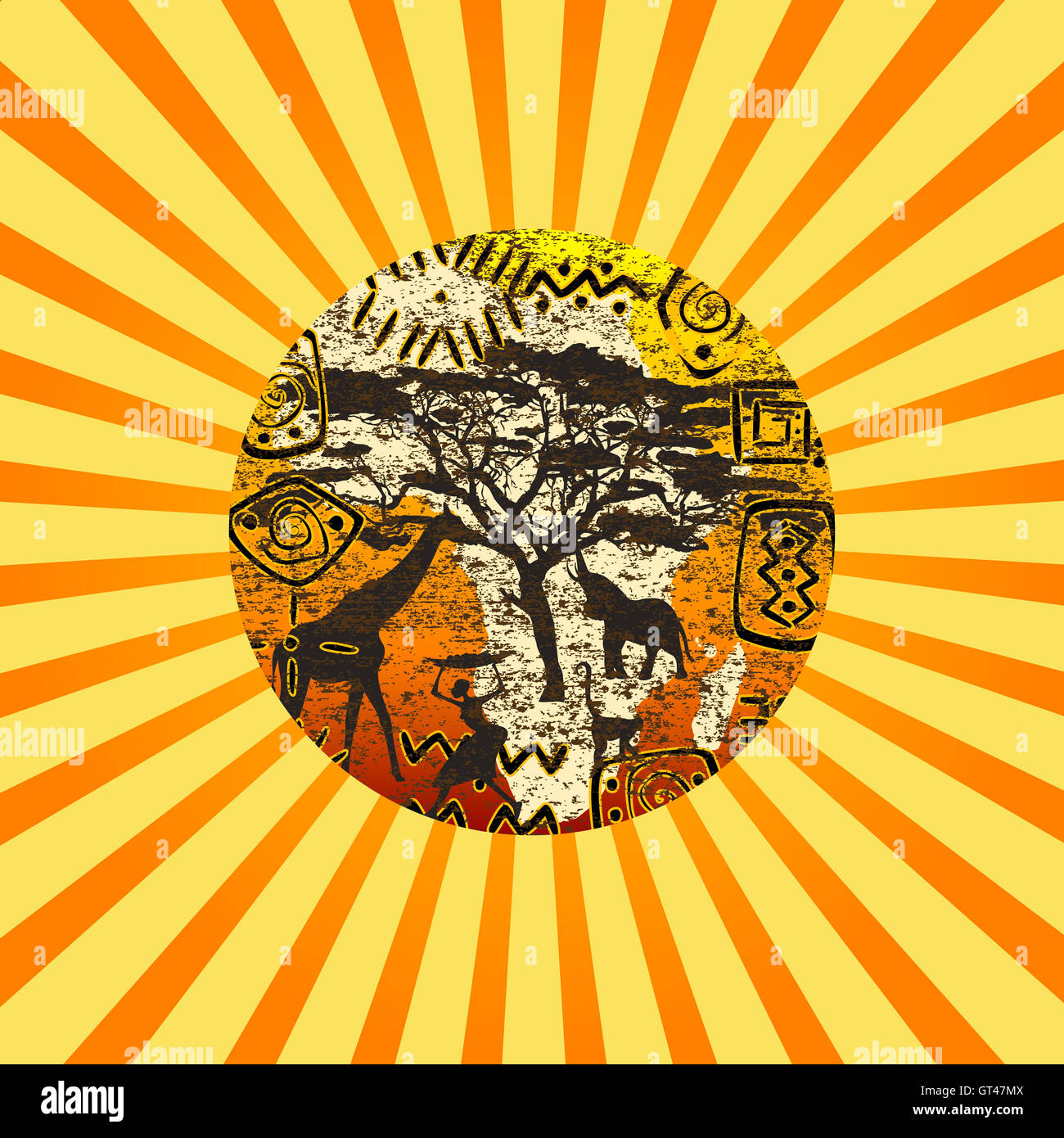 Sunburst mit afrikanischen Symbole Hintergrund Stockfoto Sunburst mit afrikanischen Symbole Hintergrund Stockfoto