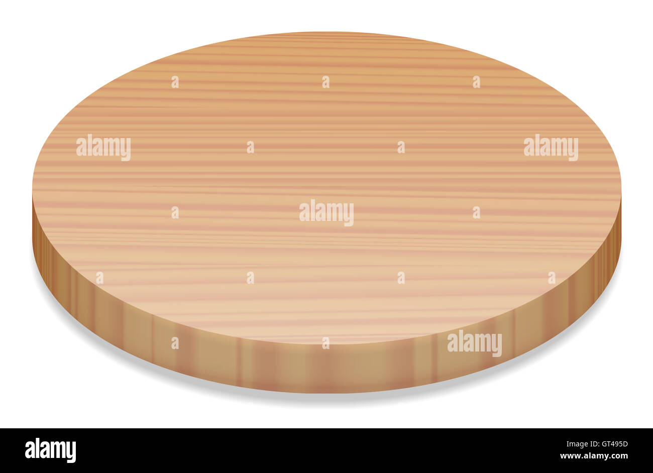 Runde Holzplatte, perspektivische Ansicht - Abbildung auf weißem Hintergrund. Stockfoto