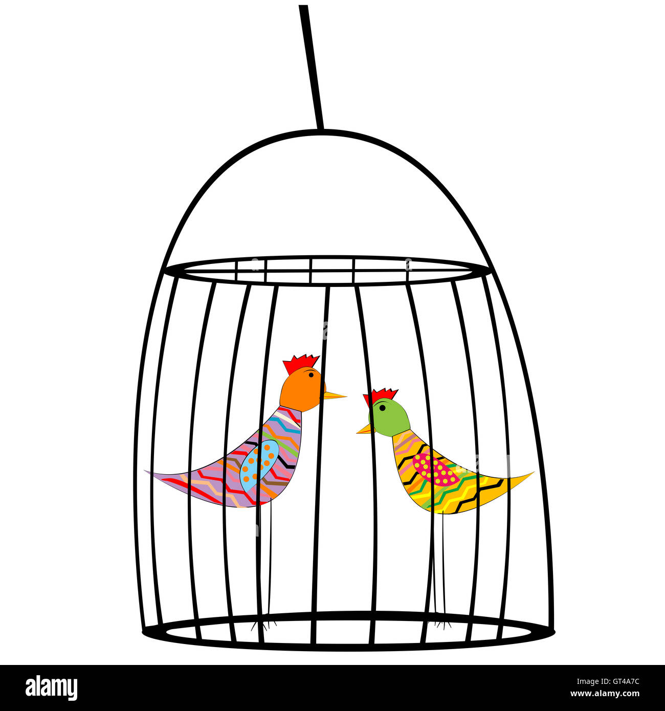 Zwei farbige Vögel in einem Käfig Stockfoto