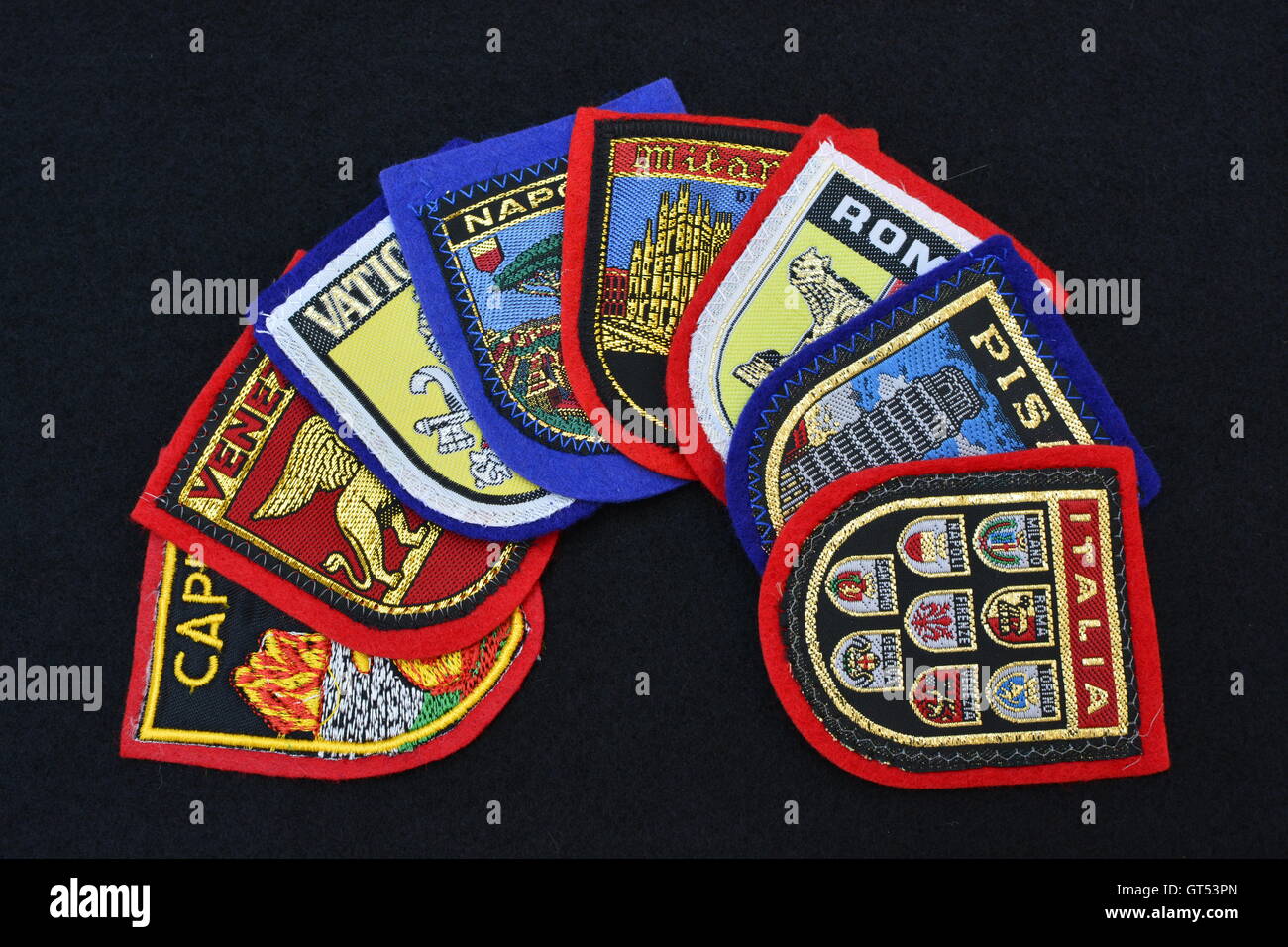 Italien-Reise-Konzept. Abzeichen von italienischen Städten zu reisen. Tourismus. Internationalen Tourismus. Italien-Rundfahrt. Italienische Städte zu reisen. Stockfoto