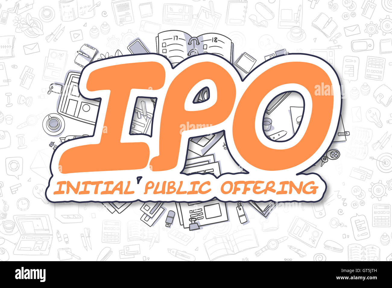 IPO - Doodle Orange Text. Business-Konzept. Stockfoto