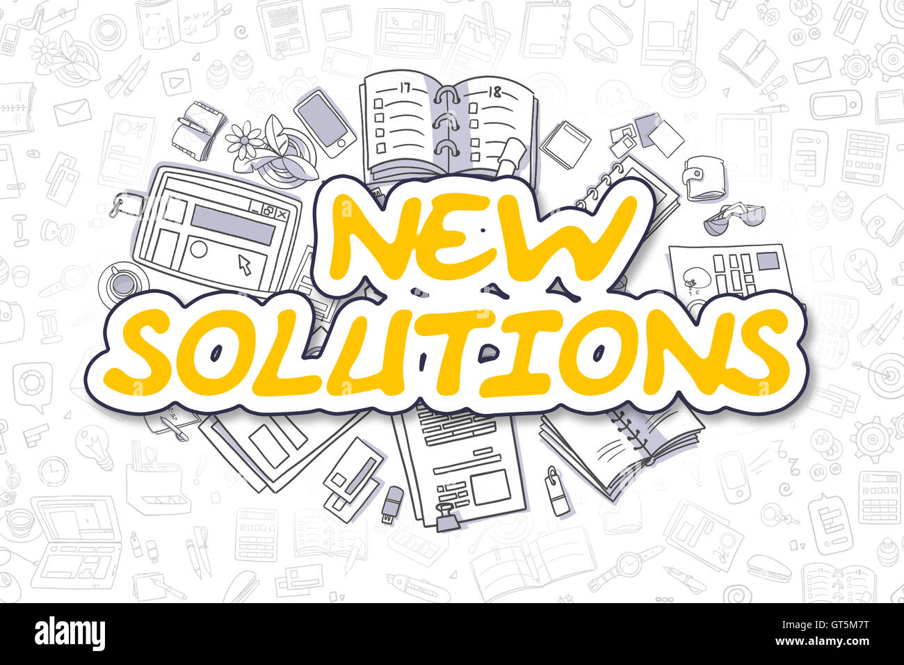 Neue Lösungen - Doodle gelbe Aufschrift. Business-Konzept. Stockfoto