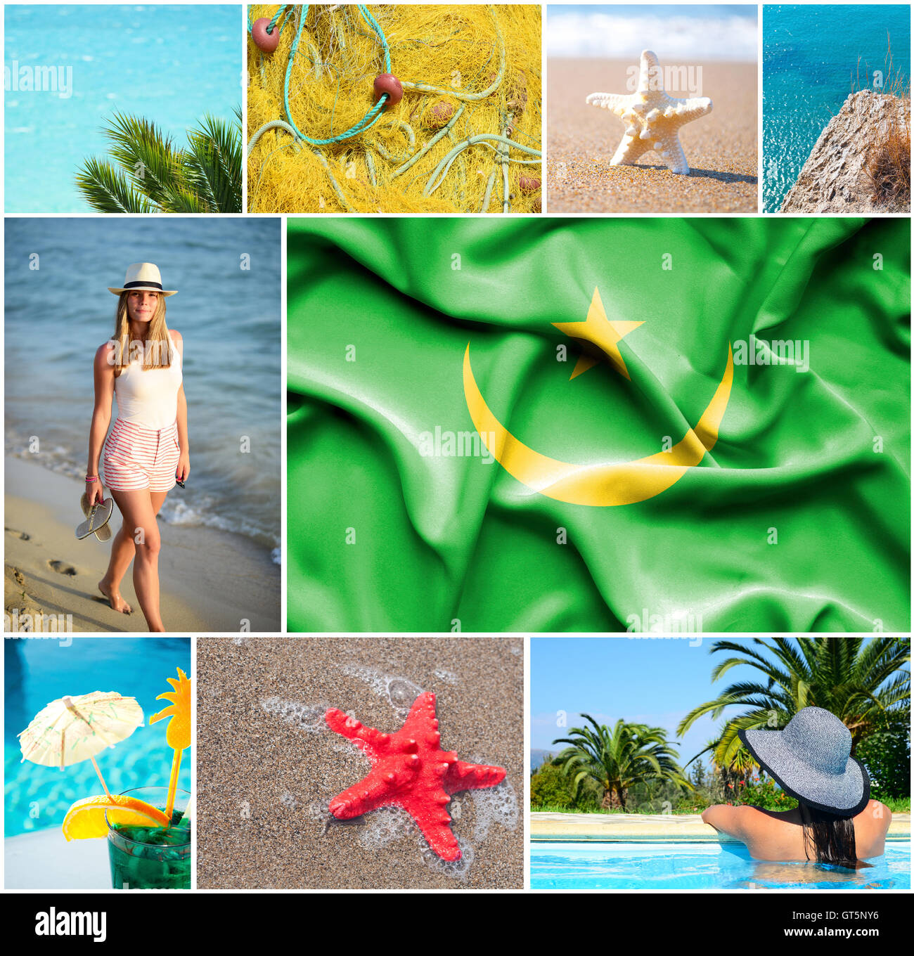 Konzeptuelle Collage der Sommerferien in Mauretanien Stockfoto