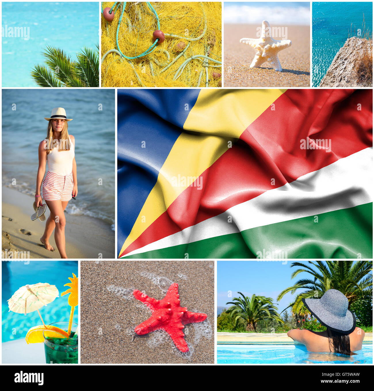 Konzeptuelle Collage von Sommer-Urlaub auf den Seychellen Stockfoto