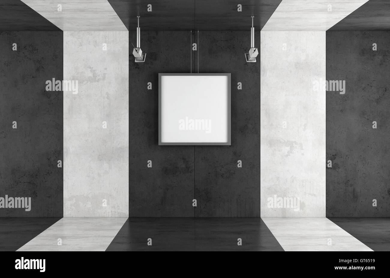 weiße und schwarze zeitgenössische Kunstgalerie mit Leinwand auf konkrete Panel - 3d rendering Stockfoto