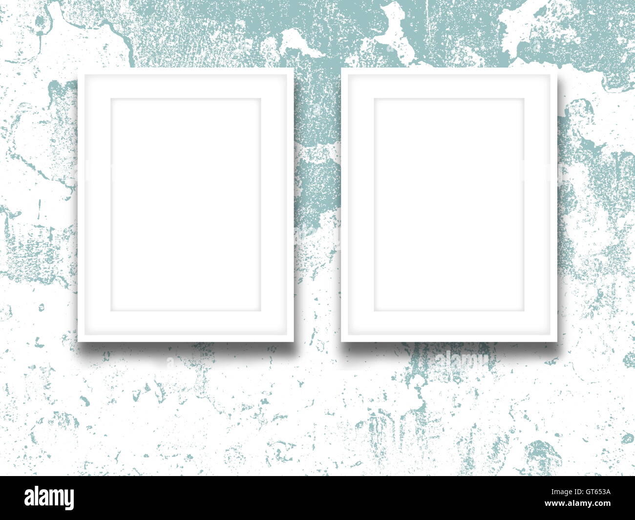 Nahaufnahme von zwei leere Bilderrahmen auf Aqua und weiß zerkratzt Betonwand Hintergrund Stockfoto