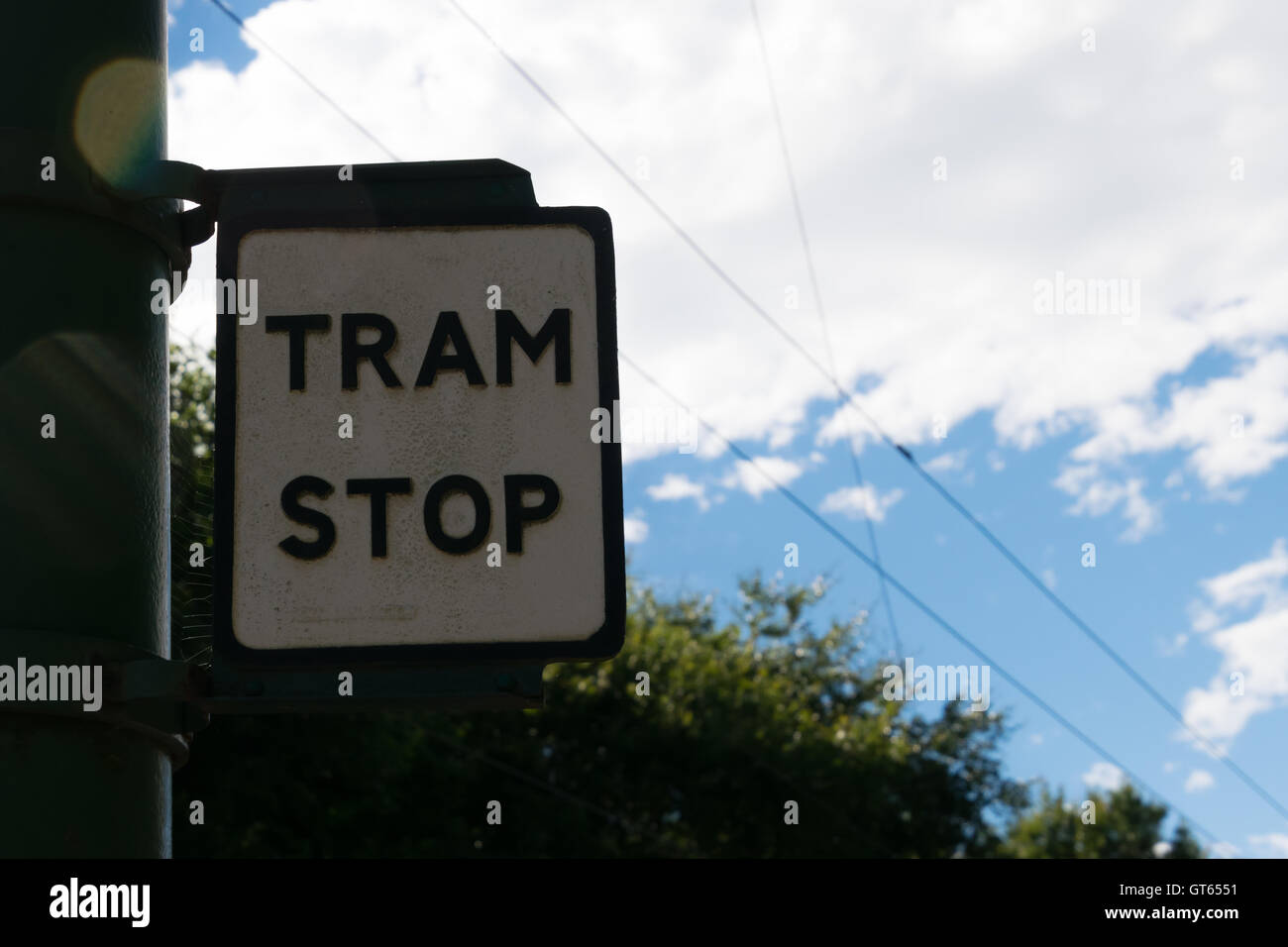 Straßenbahn-Stop-Schild am Beamish museum Stockfoto