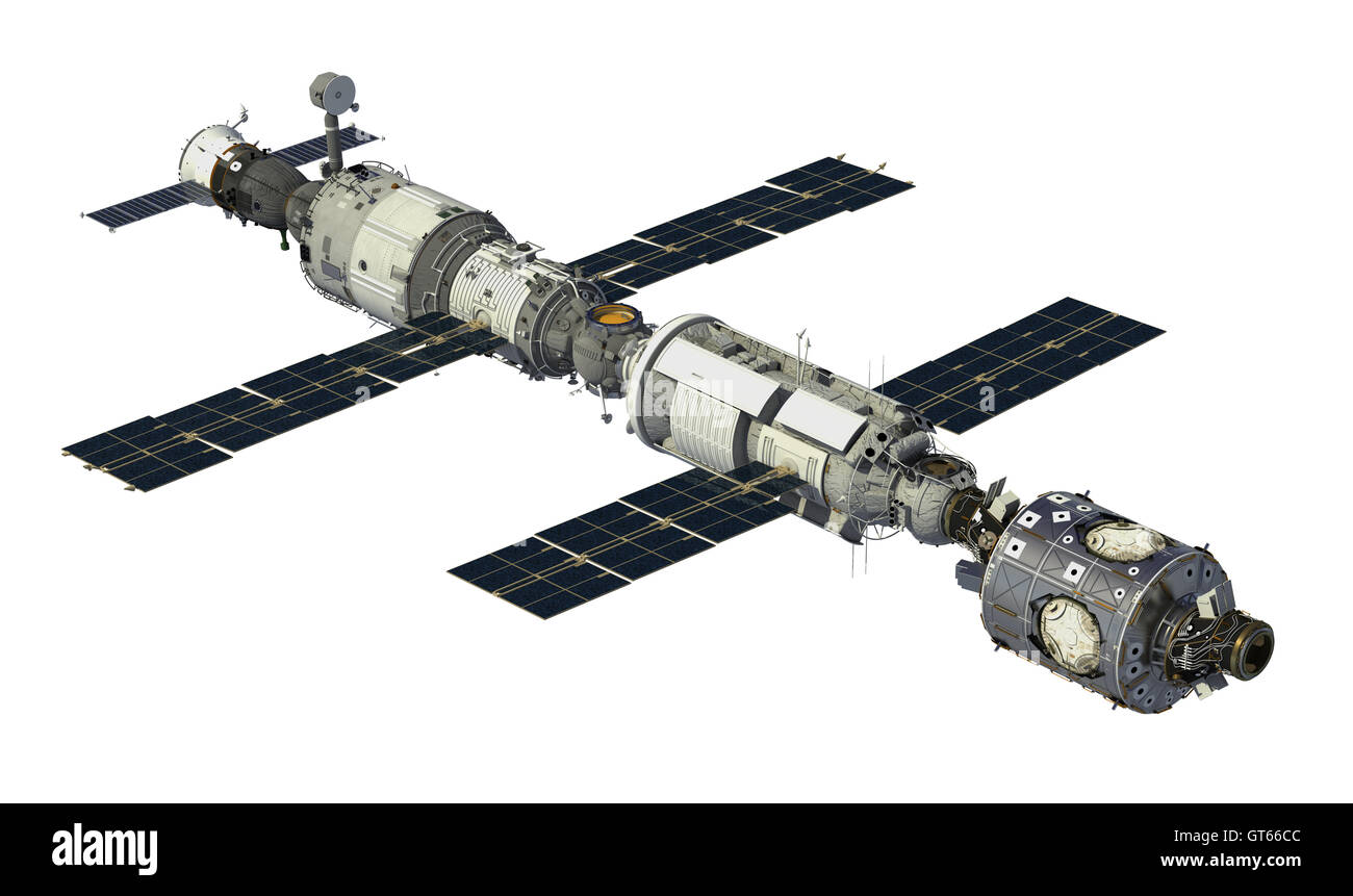 Internationale Raumstation auf weißem Hintergrund. 3D Illustration. Stockfoto