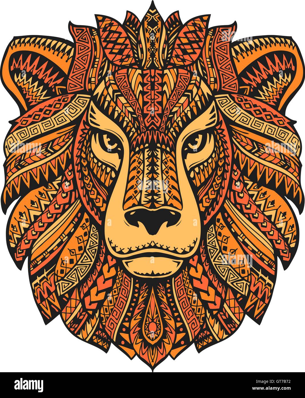 Löwenkopf isolierten auf weißen Hintergrund. Handgezeichnete Vektor-Illustration mit Ethno-Mustern Stock Vektor