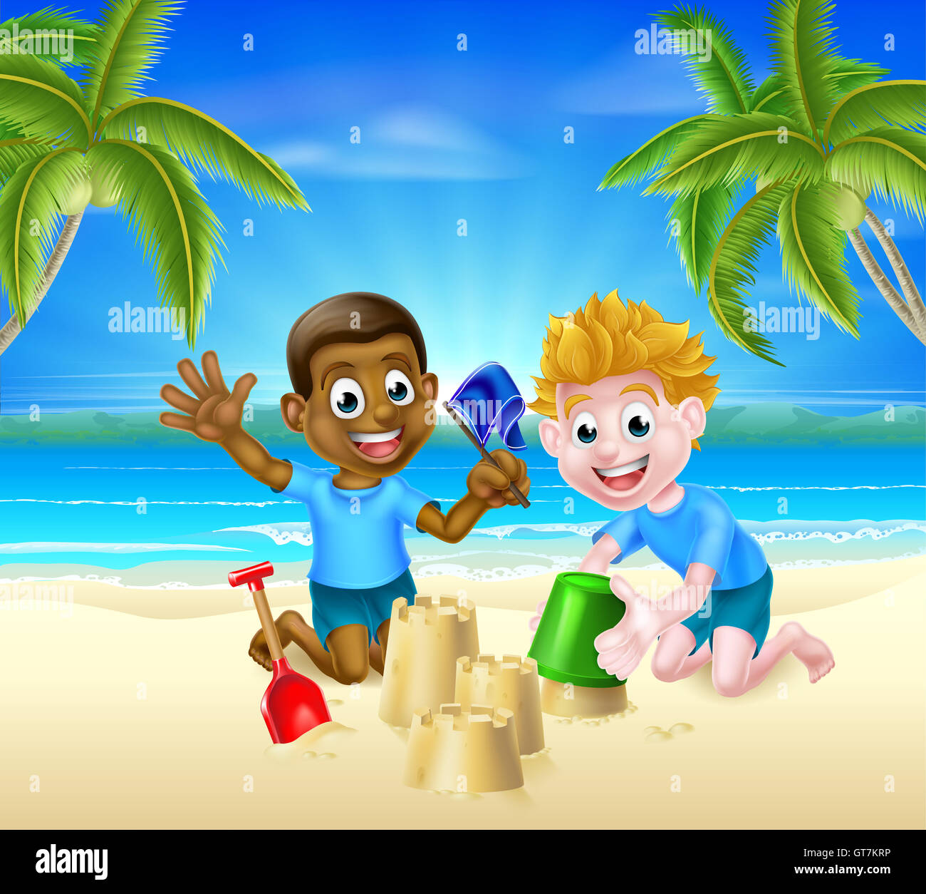 Schwarzen Und Weissen Cartoon Junge Kinder Freunde Spielen Im Sand Am Strand Mit Einem Eimer Und Schaufel Machen Sandburgen Stockfotografie Alamy