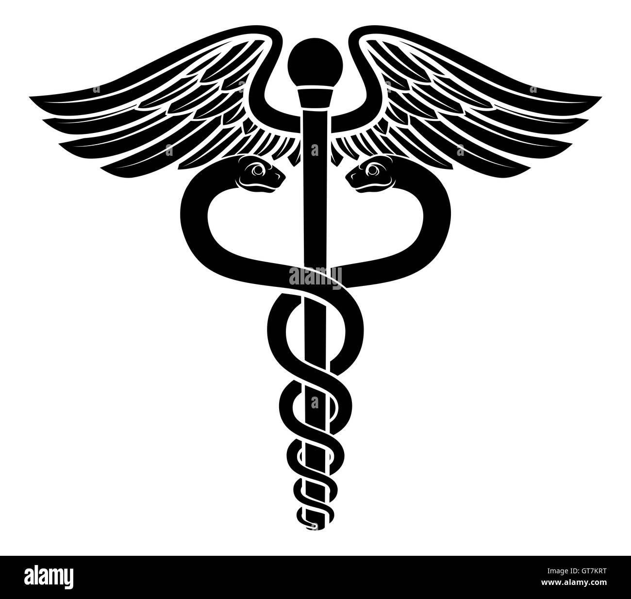 Hermesstab Symbol von zwei Schlangen um ein geflügelter Stab verflochten. Heilung und Medizin zugeordnet. Stockfoto