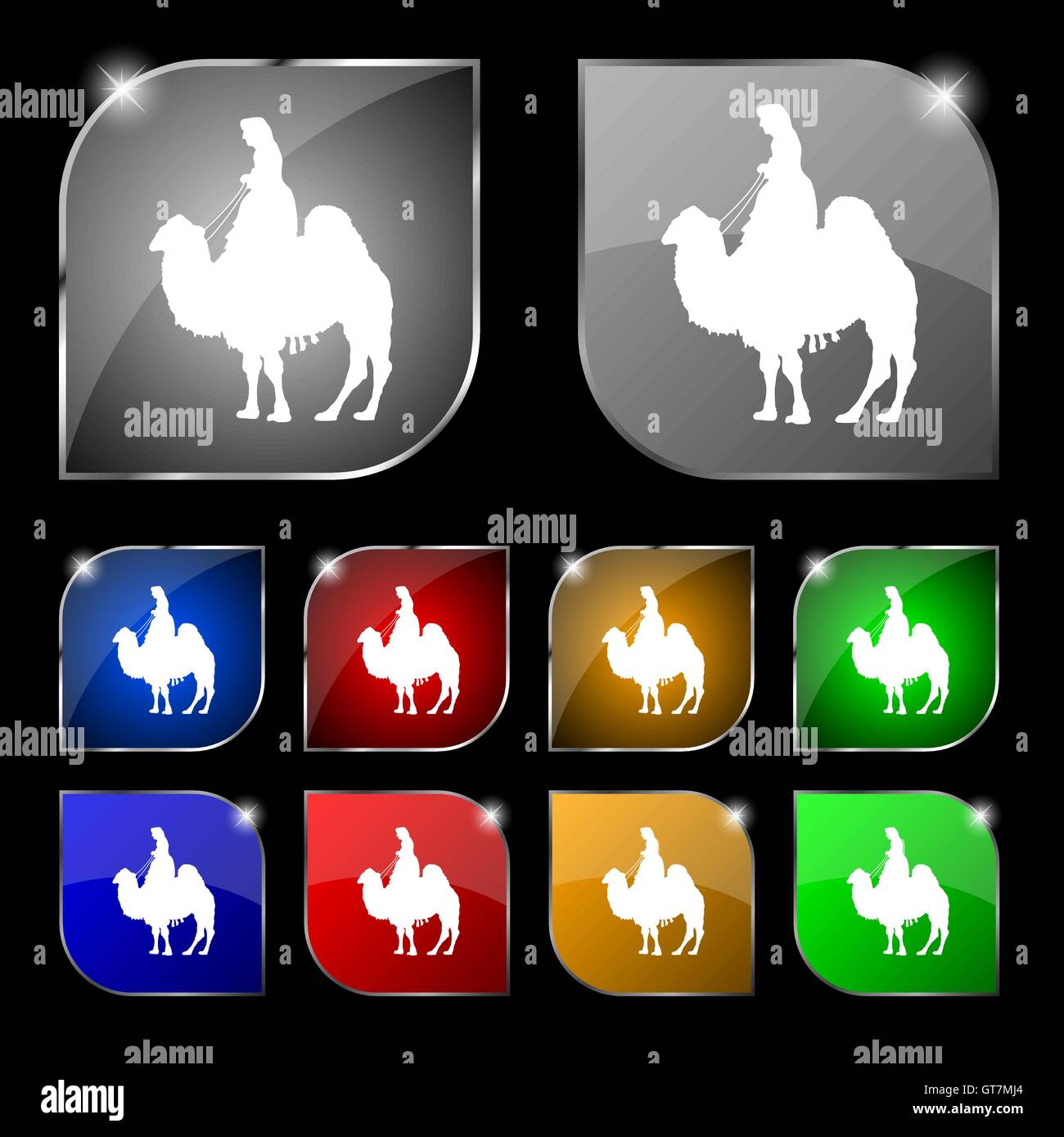 Kamel-Symbol Zeichen. Satz von zehn bunte Knöpfe mit Blendung. Vektor Stock Vektor