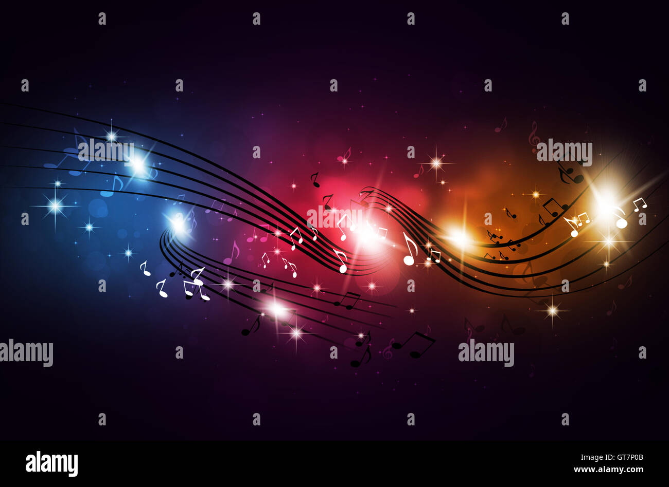 abstrakte Musiknoten auf multicolor Partei Hintergrund Stockfoto